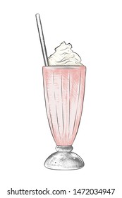 Vector engraved style illustration for posters, decoration, menu, logo and print. Hand drawn sketch of milkshake in colorful isolated on white background. Detailed vintage woodcut style drawing. 