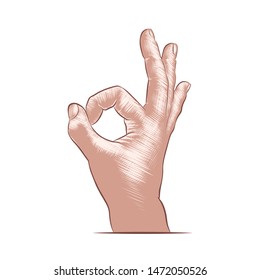 Vector engraved style illustration for posters, decoration, logo and print. Hand drawn sketch of hand ok sign in colorful isolated on white background. Detailed vintage woodcut style drawing.
