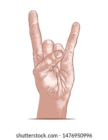 Vector engraved style illustration for posters, decoration, logo and print. Hand drawn sketch of rock sign gesture in colorful isolated on white background. Detailed vintage woodcut style drawing. 
