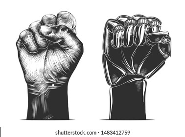 Vector engraved style illustration for posters, decoration and print. Hand drawn sketch of human and robot fist gesture in monochrome isolated on white background. Detailed vintage woodcut  drawing.