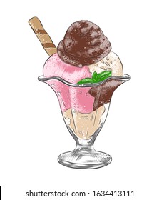 Vector engraved style illustration for posters, decoration and print. Hand drawn sketch of ice cream in sundae bowl, colorful isolated on white background. Detailed vintage woodcut style