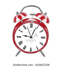Vector engraved style illustration for posters, decoration and logo. Hand drawn sketch of alarm clock in colorful isolated on white background. Detailed vintage woodcut style drawing.