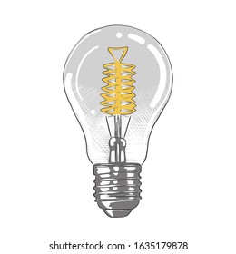 Vector engraved style illustration for posters, decoration and print. Hand drawn sketch of light bulb lamp in colorful isolated on white background. Detailed vintage woodcut style drawing. 