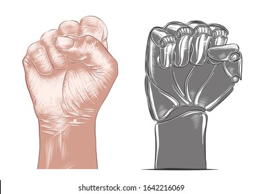 Vector engraved style illustration for posters, decoration and print. Hand drawn sketch of human and robot fist gesture in colorful isolated on white background. Detailed vintage woodcut  drawing.