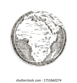 Vector engraved style illustration for posters, decoration, and print. Hand-drawn of the globe in monochrome isolated on white background. 