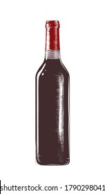 Vector engraved style illustration for posters, decoration, logo and print. Hand drawn sketch of a bottle of wine, colorful isolated on white background. Detailed vintage woodcut style
