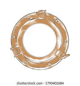 Vector engraved style illustration for posters, decoration, logo and print. Hand drawn sketch of porthole in colorful isolated on white background. Detailed vintage woodcut style drawing.