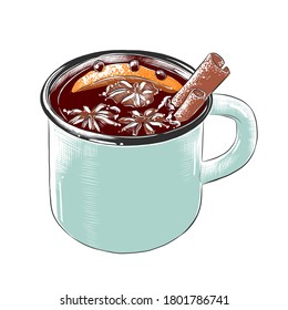Vector engraved style illustration for posters, decoration, logo and print. Hand drawn sketch of mug of mulled wine in colorful isolated on white background. Detailed vintage woodcut style drawing.