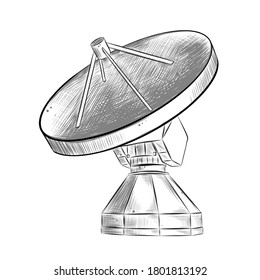 Vector engraved style illustration for posters, decoration and print. Hand drawn sketch of satellite antenna in monochrome isolated on white background. Detailed vintage woodcut style drawing.