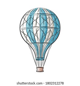 Vector engraved style illustration for posters, decoration, logo and print. Hand drawn sketch of hot air balloon in colorful isolated on white background. Detailed vintage woodcut style drawing.