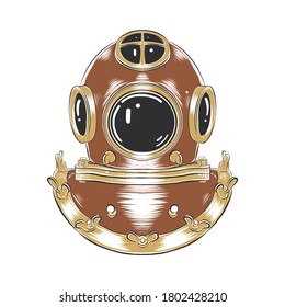 Vector Engraved Style Illustration For Posters, Decoration, Logo And Print. Hand Drawn Sketch Of Diving Helmet In Colorful Isolated On White Background. Detailed Vintage Woodcut Style Drawing.