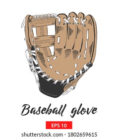 Vector engraved style illustration for posters, decoration and print. Hand drawn sketch of baseball glove in color isolated on white background. Detailed vintage etching style drawing.