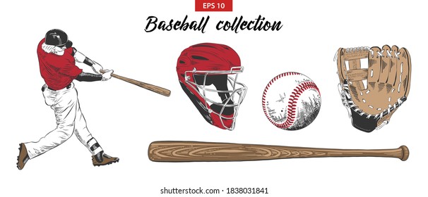 Vector engraved style illustration for posters, decoration. Hand drawn sketch set of baseball player, helmet, glove, ball and bat isolated on white background. Detailed vintage etching drawing.