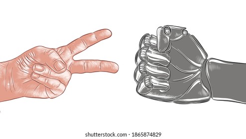 Vector engraved style illustration for posters, decoration and print. Hand drawn sketch of victory hand and robot fist isolated on white background. Detailed vintage woodcut style drawing.
