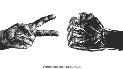 Vector engraved style illustration for posters, decoration and print. Hand drawn sketch of victory hand and robot fist isolated on white background. Detailed vintage woodcut style drawing.
