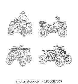 Vector engraved style illustration for posters, decoration and print. Hand drawn sketch of quad bike in black isolated on white background. Detailed vintage etching style drawing.