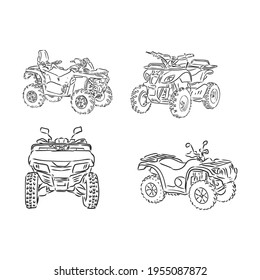 Vector engraved style illustration for posters, decoration and print. Hand drawn sketch of quad bike in black isolated on white background. Detailed vintage etching style drawing.