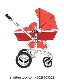Vector engraved style illustration for posters, decoration and print. Hand drawn sketch of baby carriage in red isolated on white background. Detailed vintage etching style drawing.