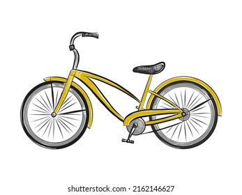 Vector engraved style illustration for posters, decoration and print. Hand drawn sketch of yellow bicycle isolated on white background. Detailed vintage woodcut style drawing.