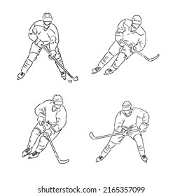 Vector engraved style illustration for posters, decoration and print. Hand drawn sketch of hockey player in black isolated on white background. Detailed vintage etching style drawing.