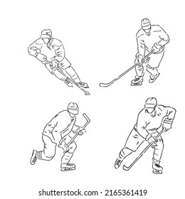 Ilustración de estilo vectorial grabada para afiches, decoración e impresión. Esbozo dibujado a mano del jugador de hockey en negro aislado sobre fondo blanco. Dibujo detallado de estilo de grabado vintage.