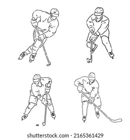 Vector engraved style illustration for posters, decoration and print. Hand drawn sketch of hockey player in black isolated on white background. Detailed vintage etching style drawing.