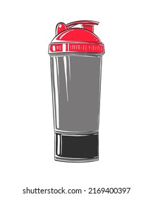 Vector Engraved Style Illustration For Posters, Decoration, Logo And Print. Hand Drawn Sketch Of Protein Shaker Bottle Isolated On White Background. Detailed Vintage Woodcut Style Drawing.