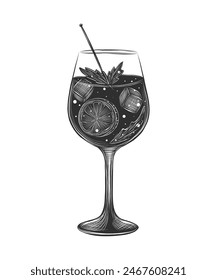 Vector engraved style illustration for posters, decoration and print. Hand drawn sketch of Hugo alcoholic cocktail, monochrome isolated on white background. Detailed vintage woodcut style 