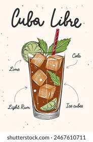 Ilustración de estilo grabado de Vector para carteles, decoración e impresión. Boceto dibujado a mano del cóctel alcohólico Cuba Libre, receta. Estilo de grabado vintage detallado 