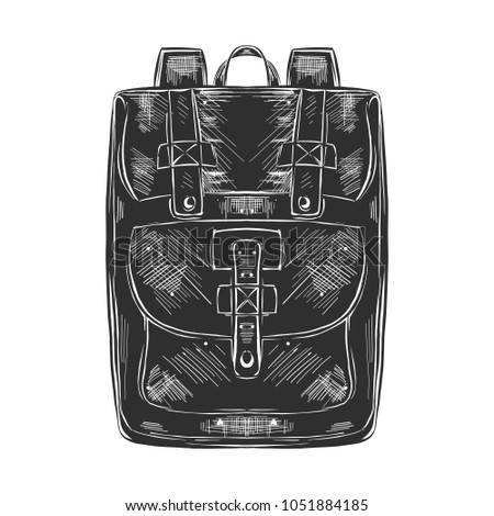 Vector engraved style illustration for posters, decoration and print. Hand drawn sketch of bag pack in monochrome isolated on white background. Detailed vintage woodcut style drawing.