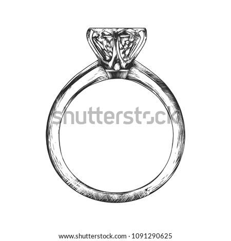 Vector engraved style illustration for posters, decoration and print. Hand drawn sketch of engagement ring in monochrome isolated on white background. Detailed vintage woodcut style drawing.