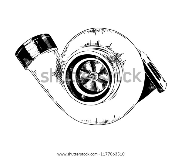 Vector engraved\
style illustration for posters, decoration and print. Hand drawn\
sketch of car turbine in black isolated on white background.\
Detailed vintage etching style\
drawing.