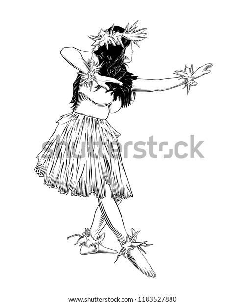 Vector engraved style illustration for posters,\
decoration and print. Hand drawn sketch of Hawaiian hula dancer\
black isolated on white background. Detailed vintage etching style\
drawing.