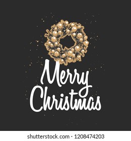 Vector engraved style illustration with typography for posters, decoration and print. Hand drawn sketch Christmas and New Year holiday on dark background. Detailed vintage etching drawing.