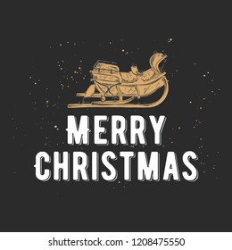 Vector engraved style illustration with typography for posters, decoration and print. Hand drawn sketch Christmas and New Year holiday on dark background. Detailed vintage etching drawing.