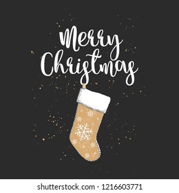 Vector engraved style illustration with typography for posters, decoration and print. Hand drawn sketch Christmas and New Year holiday on dark background. Detailed vintage etching drawing.