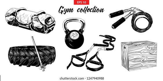 Vector engraved style illustrations for posters, logo, emblem and badge. Hand drawn sketch set of gym and fitness equipment, weight, sandbag, training tire and hummer. Detailed vintage etching drawing