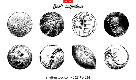 Vector engraved style illustrations for posters, logo, emblem and badge. Hand drawn sketch set of sport balls isolated on white background. Detailed vintage etching collection. Woodcut, linocut style.