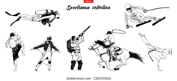 Ilustraciones de estilo vectorial grabadas para carteles, logotipo, emblema y placa. Esbozo dibujado a mano de deportista aislado en fondo blanco. Recopilación detallada de grabaciones antiguas. Traje de madera, estilo de hilo.
