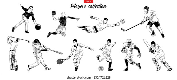 Vector engraved style illustrations for posters, logo, emblem and badge. Hand drawn sketch set of sport players isolated on white background. Detailed vintage etching collection. Woodcut, linocut.