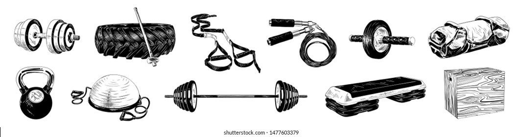 Vector engraved style illustrations for posters, logo, emblem and badge. Hand drawn sketch bundle of gym and fitness equipment, weight, dumbbell, bosu ball and step-platform. Detailed vintage etching 