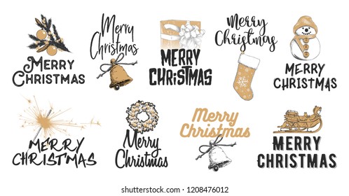 Vector engraved style illustrations with typography for posters, decoration and print. Hand drawn sketch set Christmas and New Year holiday on white background. Detailed vintage etching drawing.
