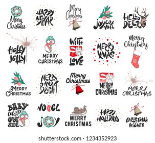 Vector engraved style illustrations with typography and lettering for stamp, sticker, emblem. Hand drawn Merry Christmas and 2019 Happy New Year on white background. Detailed vintage etching drawing.
