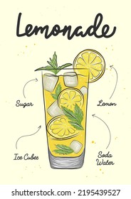 Vector engraved style Lemonade drink in glass illustration for posters, decoration, logo and print. Hand drawn sketch with lettering and recipe, beverage ingredients. Detailed colorful drawing.