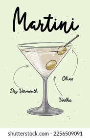 Vector engraved style Martini cocktail illustration for posters, decoration, logo, menu and print. Hand drawn sketch with lettering and recipe, beverage ingredients. Detailed colorful drawing.