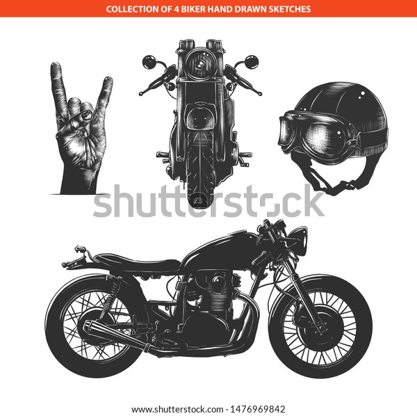 Vector engraved style moto biker set for posters,\
decoration, logo and print. Hand drawn sketches collection in\
monochrome isolated on white background. Detailed vintage woodcut\
style drawing. 
