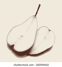 Vector engraved style one color illustration, two halves of pear