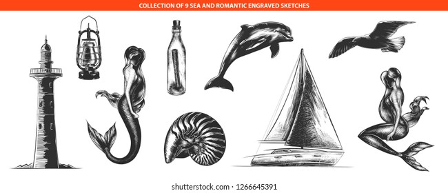 Vector engraved style romantic sea collection for posters, decoration and print, logo. Hand drawn sketches in monochrome isolated on white background. Detailed vintage woodcut style drawing. 