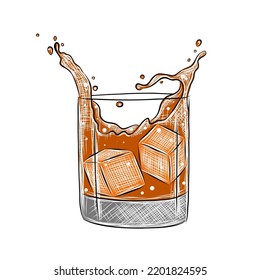 Vector engraved style Scotch Whiskey alcoholic cocktail with ice cubes, splashes illustration for posters, decoration, menu and logo. Hand drawn sketch of drink, beverage isolated on white background.