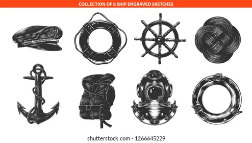Vector engraved style sea ship collection for posters, decoration and print, logo. Hand drawn sketches in monochrome isolated on white background. Detailed vintage woodcut style drawing. 